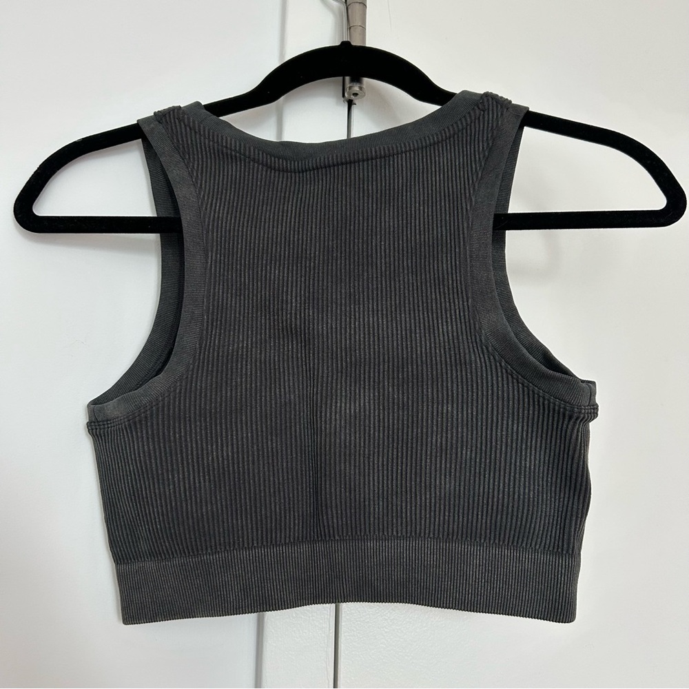 Offline by Aerie High Neck Distressed Grey Sports Bra